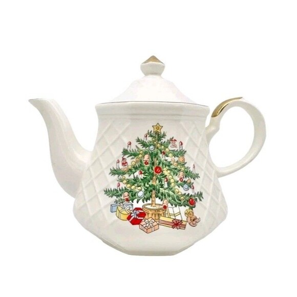 Vintage Christmas Ceramic Teapot, All The Trimmings, Earthen, Japan